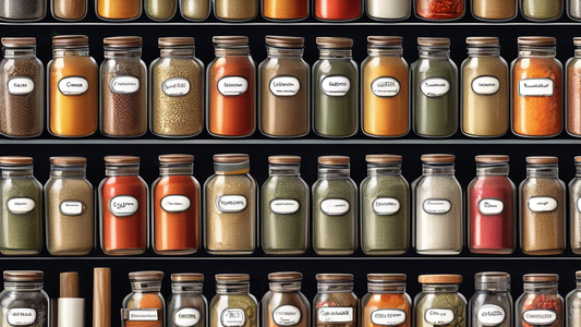 Create an image of a beautifully organized spice rack with labeled jars of various spices in an accessible and visually appealing layout. Each jar is neatly arranged, showcasing a wide array of colors and textures, accompanied by small labels indicat