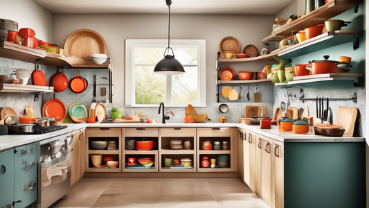 Create an image of a beautifully organized kitchen with personalized storage solutions for cookware. Show a variety of storage options such as customized shelves, racks, hooks, and cabinets to keep pots, pans, and utensils neatly arranged and easily 