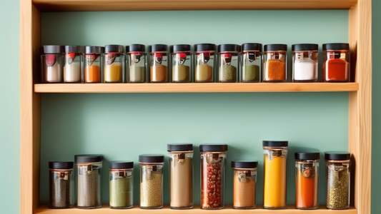 An image of a kitchen wall with various creative and space-saving spice storage solutions, such as magnetic spice jars, a wall-mounted spice rack, and labeled spice containers neatly organized in a compact space to inspire and help home cooks optimiz