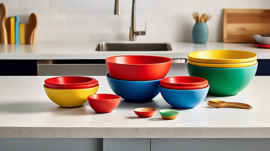 Create an image of a set of durable nesting bowls in vibrant colors such as red, blue, yellow, and green, arranged neatly on a kitchen counter. Each bowl is of a different size, showcasing their nesting capabilities. The background should be a modern