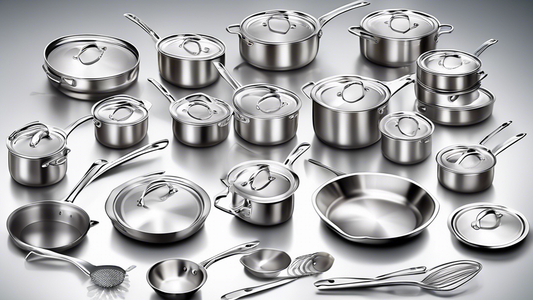 Create an image of a variety of stainless steel cookware sets arranged neatly on a kitchen countertop. Include pots, pans, and lids of different sizes, showcasing their affordable price tags and durable stainless steel construction. The image should 