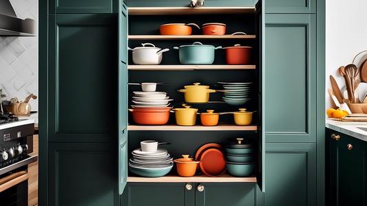 Create an image of a organized kitchen cabinet filled with stackable pot and pan storage racks, showcasing a neatly arranged collection of cookware with easy access and space-saving design.