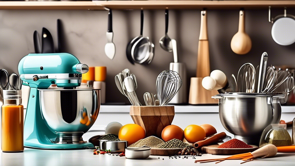 Create an image of a well-organized and stylish kitchen counter filled with must-have kitchen accessories for cooking enthusiasts, such as a high-quality knife set, a sleek stand mixer, a set of colorful cooking utensils, a stylish apron, and a colle