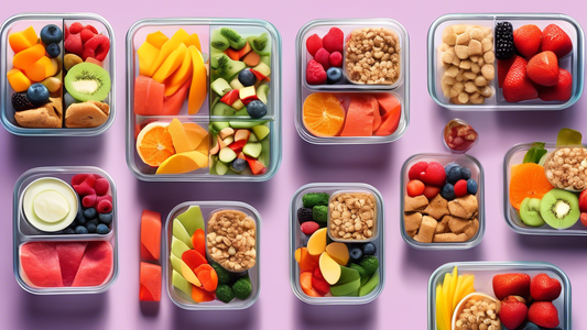 Create an image of a colorful and diverse meal prep spread, featuring a variety of bite-sized, appealing dishes that cater to picky eaters. Include a selection of fruits, vegetables, proteins, and snacks arranged neatly in meal prep containers, showc