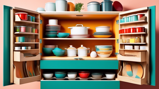 A whimsical image of a kitchen cabinet with clever storage solutions, featuring sliding shelves, pull-out drawers, rotating trays, and other innovative ways to maximize storage space in a small kitchen. The image should showcase a variety of organiza