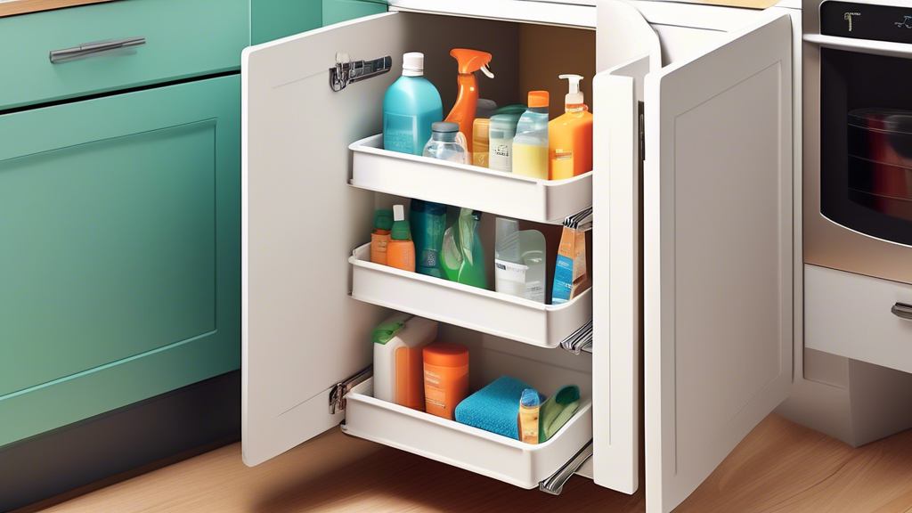 Create an image of a well-organized cabinet under a bathroom or kitchen sink, showcasing smart storage solutions such as pull-out racks, stackable bins, and hooks for tidily storing various items like cleaning supplies, toiletries, and other essentia