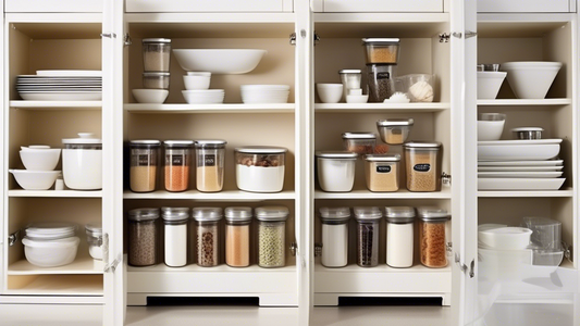 Create an image of a compact and organized kitchen space with seven different space-saving kitchen storage containers featured prominently. Each container should be labeled and designed in a modern yet functional style to showcase their organizationa