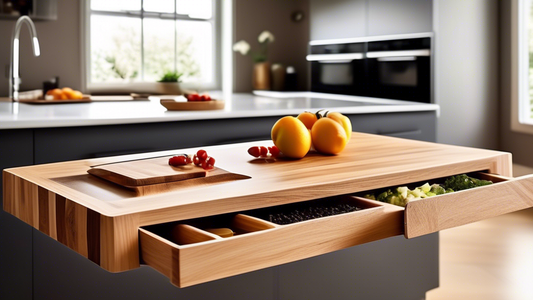 Create an image of a modern kitchen with a sleek dual-purpose cutting board that seamlessly integrates storage space into its design. The cutting board should showcase innovative features such as built-in compartments or sliding drawers for holding u