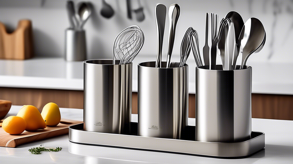 Create an image of a sleek and modern stainless steel utensil holder sitting on a kitchen countertop, showcasing its durability and aesthetic appeal. The utensil holder should be filled with various kitchen tools like a whisk, spatula, tongs, and lad