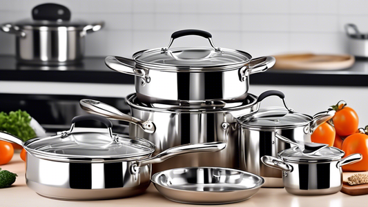 Create an image of a sleek and compact stainless steel cookware set, ideal for small kitchens. The set should include essentials like pots, pans, and lids neatly stacked together to demonstrate efficient storage and space-saving design. Each piece sh