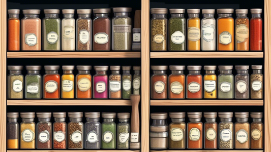 Create an image showing a beautifully organized spice rack with each spice container labeled and color-coded for easy identification and accessibility. Include a variety of unique and traditional spices in the image to showcase the diverse range of f