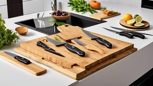 Please generate an image of a bamboo cutting board designed with built-in storage for knives. The cutting board should be displayed in a kitchen setting, showcasing its convenience and practicality for cooking and meal preparation. The design should 
