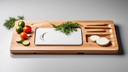 Create an image of a modern, space-saving cutting board designed with built-in storage compartments. The cutting board should have a sleek and minimalist design, featuring convenient slots or drawers to neatly store knives, cutting utensils, and othe