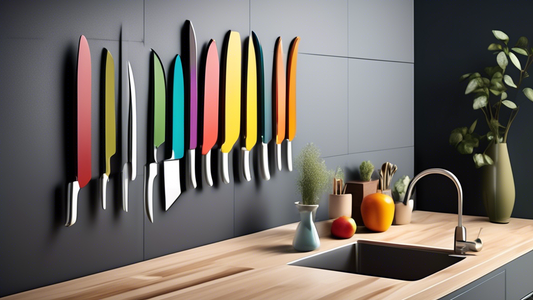 Create an image of a sleek and modern kitchen with 6 different magnetic knife holders showcased on the wall, each holder featuring a unique and stylish design to elevate the kitchen decor. Each holder should be distinct in material, shape, and color,
