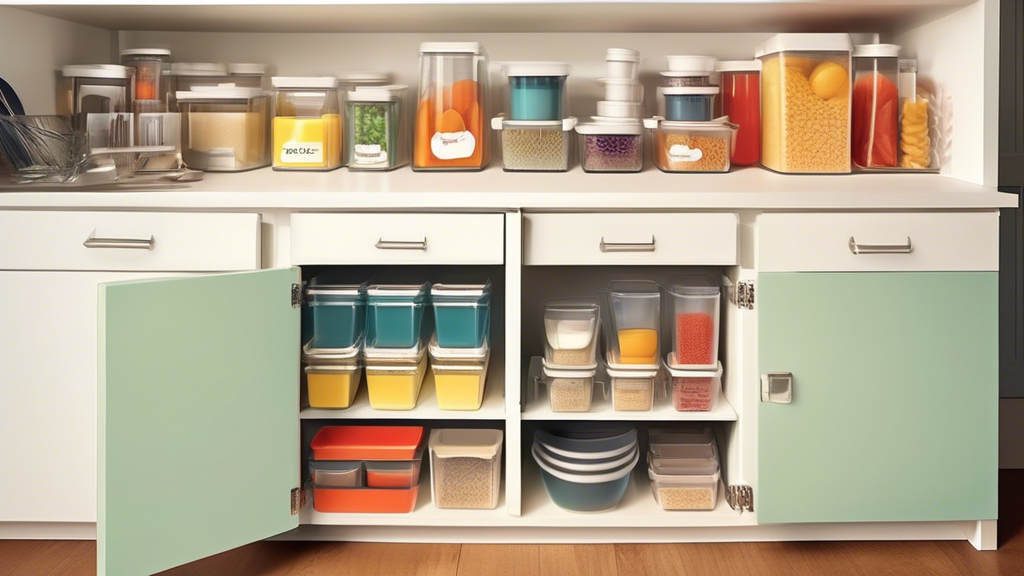 Create an image of a well-organized kitchen cabinet with unique and creative storage solutions such as sliding shelves, pull-out drawers, labeled bins, and stackable organizers for pots, pans, dishes, and food containers. Show different colored and s