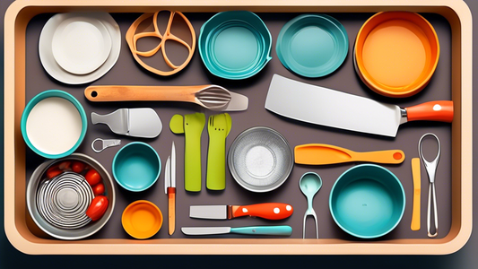 Create an image of a beautifully organized kitchen drawer filled with essential utensils for meal prep, including measuring cups, spatulas, whisks, knives, cutting boards, and kitchen shears, all neatly arranged and easily accessible. The image shoul