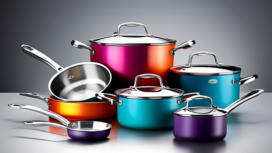 Create an image of a modern stainless steel cookware set featuring pots and pans with sleek designs, complemented by dishwasher-safe tags on each item. The cookware should be displayed in an organized and inviting kitchen setting, highlighting the co
