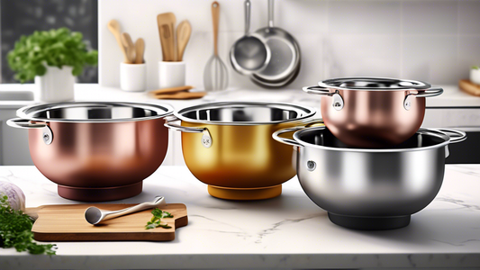 Create an image of a variety of stainless steel colanders in a kitchen setting, showcasing different sizes and designs, accompanied by helpful tips or labels such as Easy to Clean, Durable Construction, Versatile Use, Space-Saving Design, Non-Slip Ba