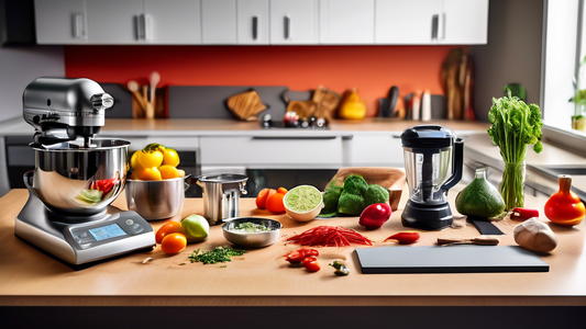 Create an image of a modern, well-organized kitchen countertop filled with essential gadgets for culinary creativity. Show a variety of tools such as a high-quality chef's knife, an immersion blender, a stand mixer, a digital kitchen scale, a multi-c
