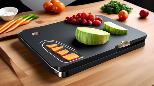 Create an image of a futuristic cutting board that can be transformed into different shapes and tools, showcasing its multi-functionality for optimal meal prep. The cutting board should be designed with sleek, modern aesthetics and include features s