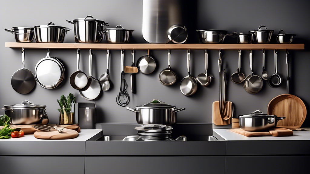 Create an image of a sleek and modern kitchen with stainless steel cookware sets neatly organized and displayed, showcasing a variety of pots, pans, and utensils. The kitchen should have a minimalist design with clean lines, emphasizing efficiency an