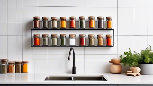 Create an image of a sleek and minimalist spice rack mounted on a kitchen wall, featuring uniform glass jars filled with colorful spices neatly arranged in a geometric pattern. The background should be a clean, white kitchen with modern cabinets and 