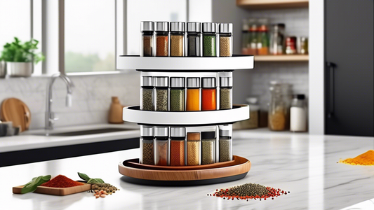Create an image of a modern, organized kitchen countertop with a sleek and stylish rotating spice rack organizer prominently displayed. The spice rack should be filled with various colorful spices and herbs, adding a pop of color and functionality to