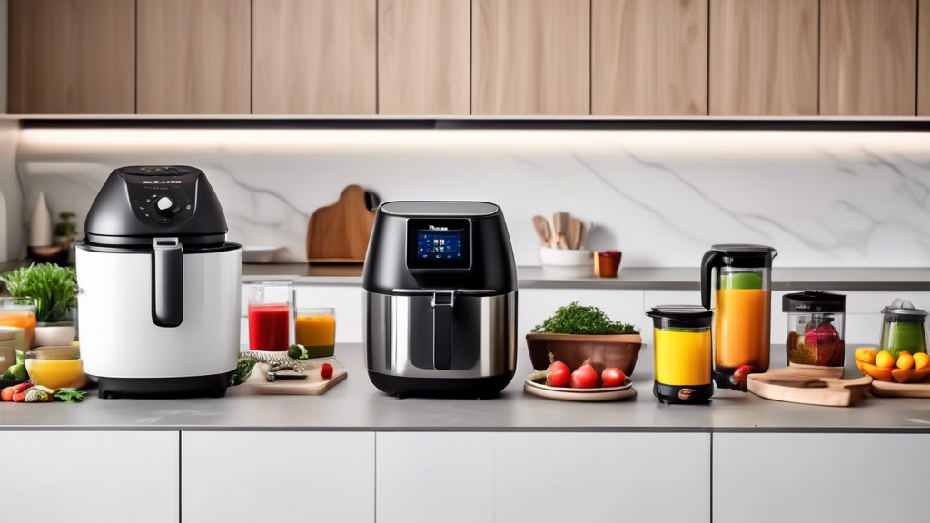 An image of a modern, sleek kitchen countertop filled with various multi-functional kitchen appliances such as a combination air fryer/toaster oven, an Instant Pot, a kitchen stand mixer with various attachments for different cooking tasks, and a mul