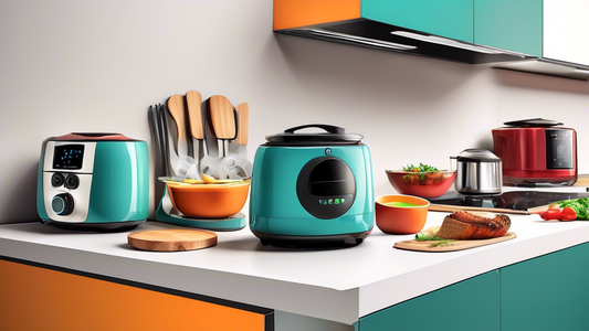 Create an image of a modern kitchen countertop filled with a variety of versatile kitchen appliances such as a multi-cooker, food processor, air fryer, electric kettle, and toaster oven. The appliances should be sleek and stylish, showcasing their ve