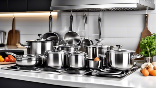 Create an image of a modern and stylish kitchen filled with various stainless steel cookware sets, showcasing a wide range of pots, pans, and utensils neatly organized on a sleek countertop, ready for a home chef to create delicious meals. The settin