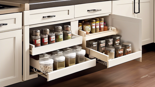 Create an image of a modern kitchen with three different cabinet organizer ideas to save space. The first idea is a pull-out spice rack neatly organized in a narrow cabinet. The second idea is a stackable shelf system for maximizing vertical space in