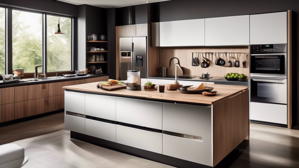 Create an image of a modern, sleek kitchen with cutting-edge gadgets that blend seamlessly into the contemporary design. Show innovative kitchen gadgets such as a smart oven, a high-tech coffee maker, a minimalist knife set, a stylish blender, and ot