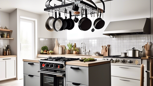 Create an image of a modern, stylish kitchen with limited counter and storage space, featuring a sleek and well-organized pot rack installation above the stove. Include various pots and pans hanging neatly on the rack, demonstrating practical and spa