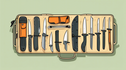 Create an image of a well-organized and secure knife storage solution for camping trips. Show a variety of knives hanging on hooks inside a sturdy carrying case or on a magnetic strip attached to a camper van wall, surrounded by outdoor gear and camp