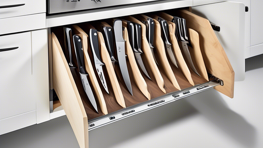 Create an image of a sleek and organized kitchen with under cabinet knife storage solutions implemented. Show a variety of knives neatly and securely stored under a cabinet, with different compartments and designs for easy access and organization. In