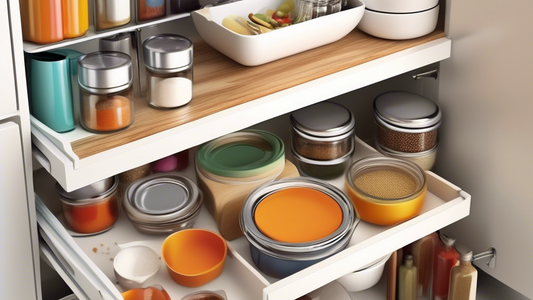 Create an image of a compact kitchen with limited storage space showcasing various innovative and efficient shelf organizers such as pull-out racks, stackable containers, and magnetic spice racks to maximize storage and organization. Display a variet