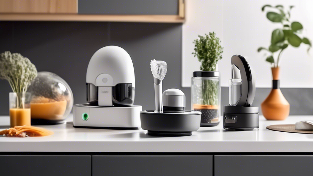 Create an image of a modern and organized kitchen countertop filled with top kitchen gadgets for effortless cleaning. The gadgets should include a self-cleaning robot vacuum, a hands-free soap dispenser, a touchless trash can, a steam mop for easy fl