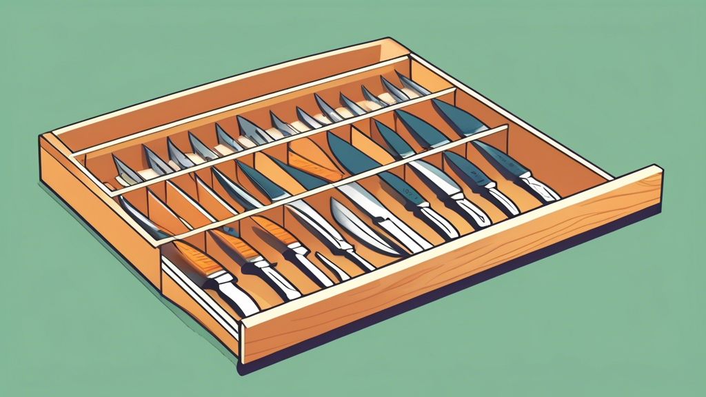 Create an image of a sleek and organized knife drawer with designated slots for safely storing serrated knives. Show a variety of serrated knives neatly arranged in the drawer, with labels to indicate the proper storage for each type. Include divider