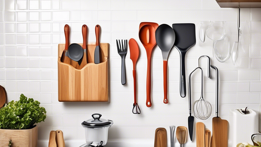 Create an image of a space-saving hanging utensil holder designed specifically for compact kitchens. The utensil holder should feature a sleek and modern design, with hooks to hang various kitchen utensils such as spatulas, ladles, and whisks. The ba