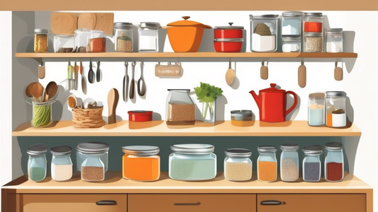 Create an image of a small kitchen with limited counter space but efficiently organized with under-cabinet storage baskets. Show the baskets neatly holding various kitchen items such as jars, spices, utensils, and cutting boards. Include labels on th