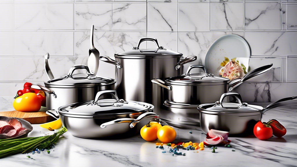 Create an image of a modern kitchen featuring a variety of oven-safe stainless steel cookware sets, beautifully displayed on a marble countertop with colorful ingredients and utensils scattered around. Show the versatility and elegance of the cookwar