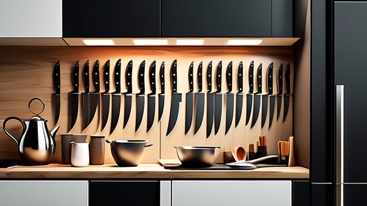 Create an image of a modern, organized kitchen with a variety of left-handed knives hanging on a magnetic strip or stored in a specialized left-handed knife block. The kitchen should appear sleek and stylish, with a focus on ergonomic design and acce