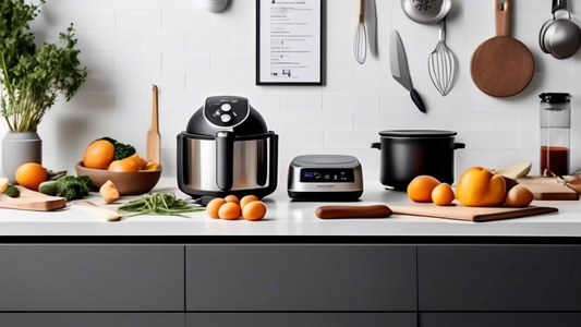 Create an image of a modern, organized kitchen countertop showcasing the top kitchen gadgets for easy meal prep. Include items such as a versatile food processor, a convenient air fryer, a multi-functional instant pot, a sleek immersion blender, and 