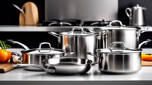 Create an image of a sleek and modern stainless steel cookware set perfectly placed on a gas stove, showcasing the durability, efficiency, and style of stainless steel pots and pans in a kitchen setting.