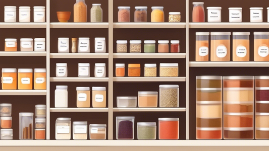 Create an image of a neatly organized pantry with labeled containers of various dry goods and spices, showcasing effective pantry inventory management. Include a pantry shopping list with checkboxes and a pen next to it, emphasizing the importance of
