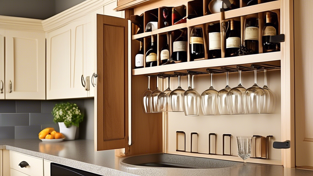 Create an image of a well-organized kitchen cabinet with a stemware rack organizer fully utilized to store and display wine glasses and other stemware. The image should showcase how the rack helps maximize space, keep the kitchen organized, and allow