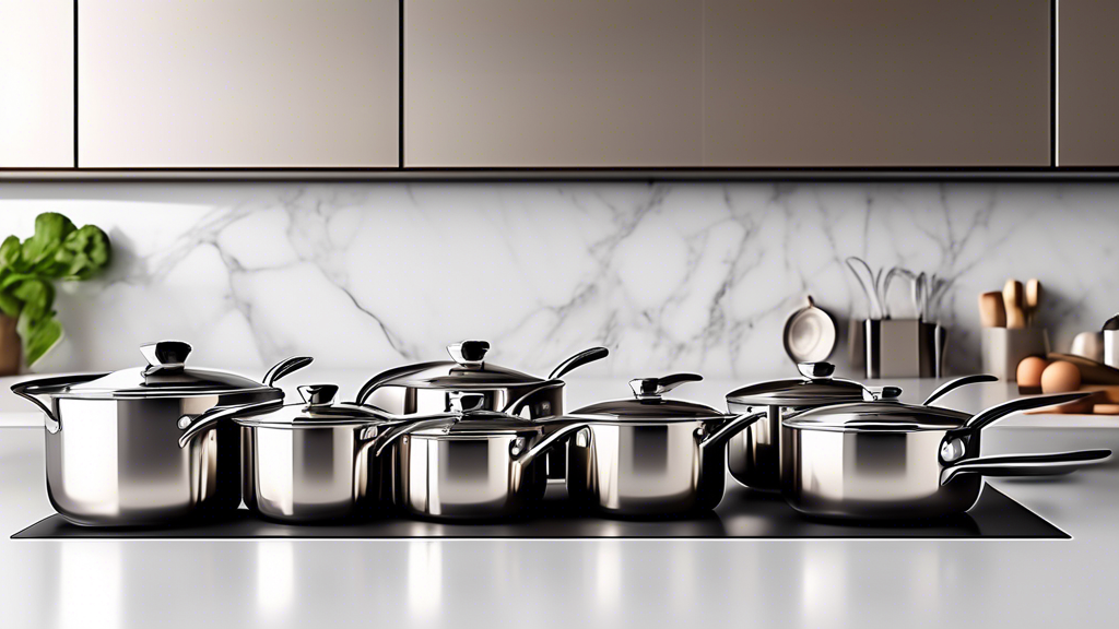 Create an image of a sleek and modern kitchen countertop with a set of stackable stainless steel cookware neatly arranged in a stylish and organized manner. The cookware should be gleaming in the light, showcasing the convenience and space-saving fea