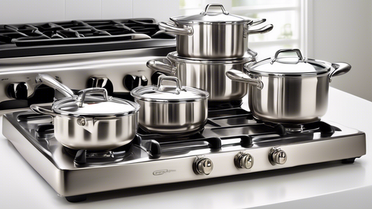 Create an image of a well-organized kitchen with a stainless steel cookware set for gas stoves prominently displayed on a sleek, modern gas stove. The cookware should appear high-quality and durable, showcasing a variety of pots and pans that an avid