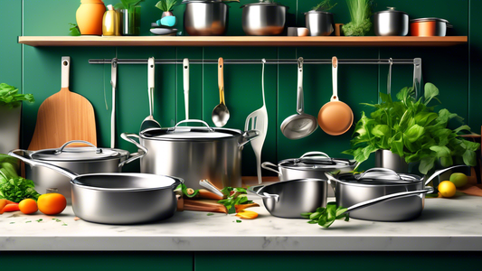 Create an image of a modern, sleek kitchen featuring the top 5 eco-friendly stainless steel cookware sets neatly organized on the countertop, with leafy green plants and eco-friendly kitchen utensils scattered around, emphasizing sustainable cooking 