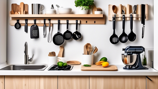 Create an image of a compact kitchen setup showcasing innovative space-saving utensils such as a collapsible strainer, nesting measuring cups, a magnetic knife rack, and a multifunctional utensil holder that hangs on the wall. Display these utensils 